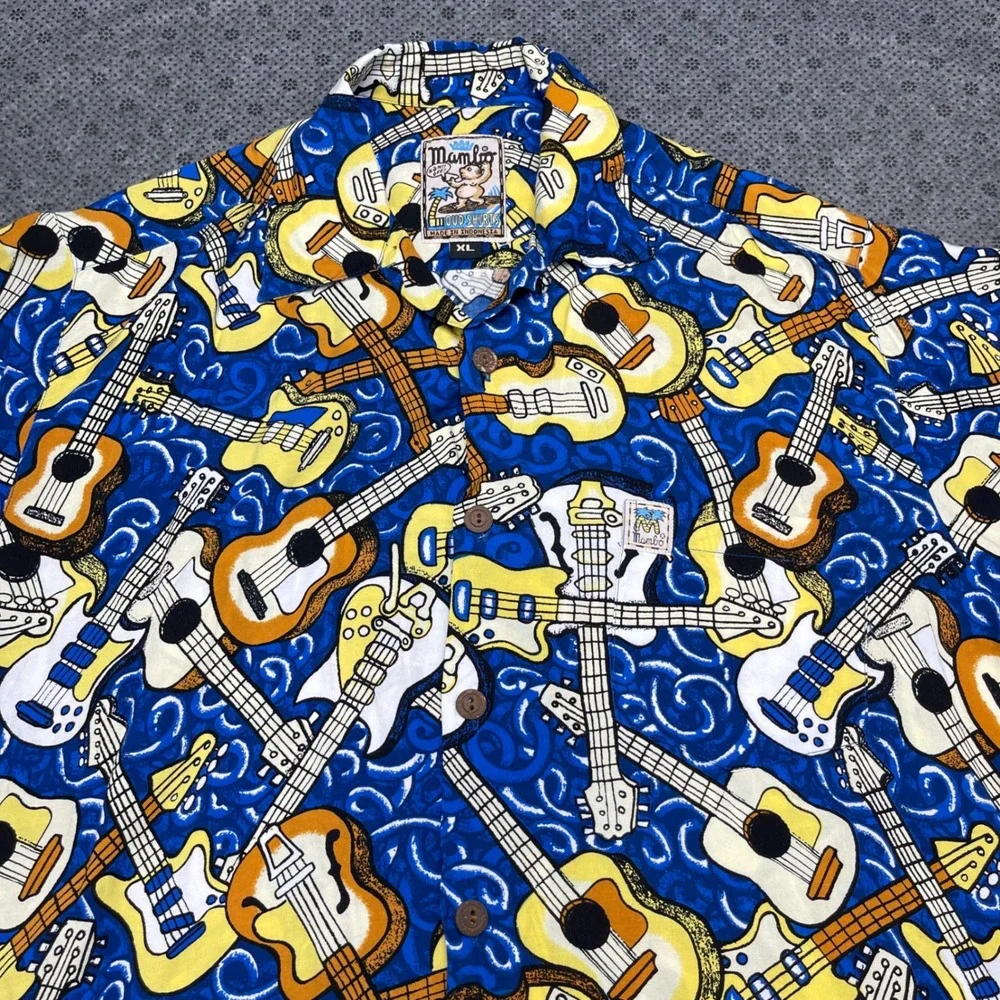 Vintage Mambo Loud Shirt Mens XL Blue Guitar Print Short‎ Sleeve Camp Shirt